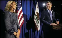  ?? JAY L. CLENDENIN/LOS ANGELES TIMES FILE PHOTOGRAPH ?? Gavin Newsom, recognizes his wife, Jennifer Siebel Newsom, during his speech at a victory party in San Francisco on June 5, 2018.