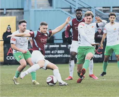  ?? ?? South Shields’ Nathan Lowe gets a shot away against Nantwich Town last weekned.