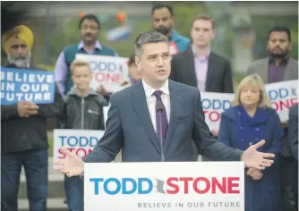  ?? ARLEN REDEKOP ?? Liberal MLA Todd Stone announces his candidacy for the Liberal leadership, Tuesday. Of the eight people running for the post, he is among four who were cabinet ministers under former premier Christy Clark.