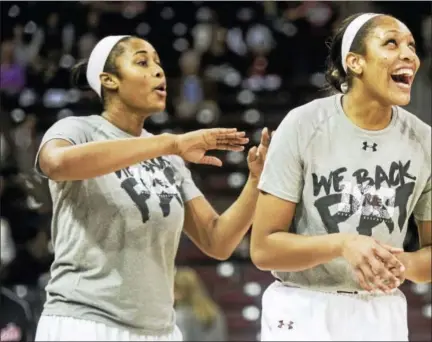  ?? THE ASSOCIATED PRESS FILE PHOTO ?? South Carolina center Alaina Coates, left, and A’ja Wilson will look to end UConn’s 99-game winning streak on Monday night.