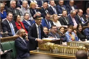  ?? (AP/UK Parliament/Roger Harris) ?? Britain’s Prime Minister Rishi Sunak speaks Wednesday during Prime Minister’s Questions in the House of Commons in London.