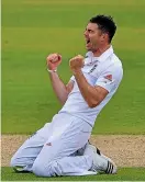  ??  ?? Jimmy Anderson celebrates one of his almost 600 test wickets for England.