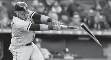  ?? JOHN SLEEZER/TRIBUNE NEWS SERVICE ?? Chicago White Sox's Melky Cabrera breaks his bat on a ground out to end the top of the first inning against the Kansas City Royals on Monday in Kansas City, Mo.