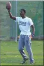  ?? PETE BANNAN - DIGITAL FIRST MEDIA ?? Devon senior Aaron Nuble celebrates a touchdown in the first half of the Student vs. Faculty charity flag football game on Monday.