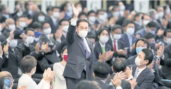  ?? REUTERS ?? Fumio Kishida gestures as he is elected as new head of the ruling party in the LDP’s leadership vote in Tokyo, Japan last week.