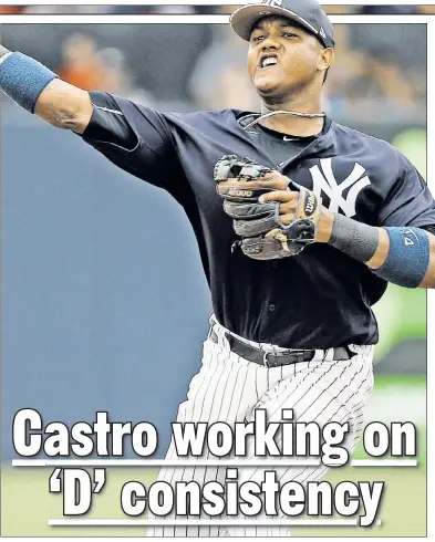  ?? USA TODAY Sports ?? STAR’ CROSSED: Starlin Castro, who made his third error of the spring during the Yankees’ 10-2 exhibition loss to the Braves, throws a ball to first base during the fourth inning.