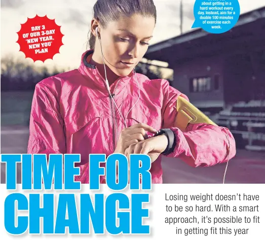  ??  ?? DAY3 3-DAY OFOUR , YEAR ‘NEW NEWYOU’ PLAN Don’t stress out about getting in a hard workout every day. Instead, aim for a doable 100 minutes of exercise each week.