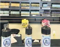  ?? ROSIE MULLALEY/THE TELEGRAM ?? Avalon Vapor on Topsail Road in Mount Pearl is subject to many federal and provincial regulation­s when it comes to the sale and promotion of its many products. Co-owner Tristan Wall said he and John Downey opened the store in 2015 to help people (over 19) quit smoking. Pictured are some of the vaping accessorie­s available.