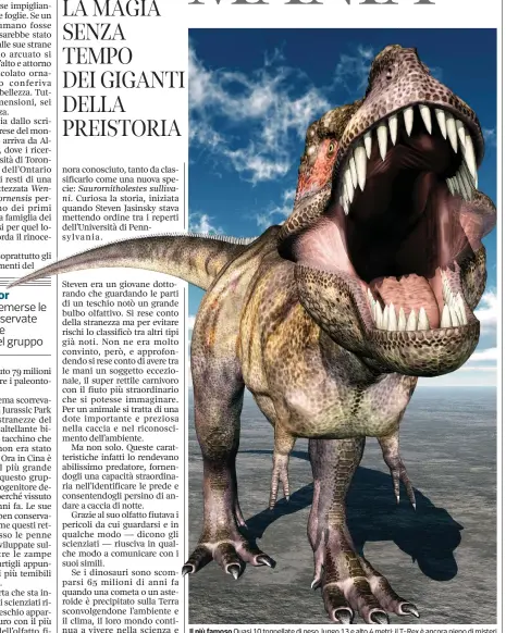  ??  ?? Il più famoso Quasi 10 tonnellate di peso, lungo 13 e alto 4 metri: il T-Rex è ancora pieno di misteri