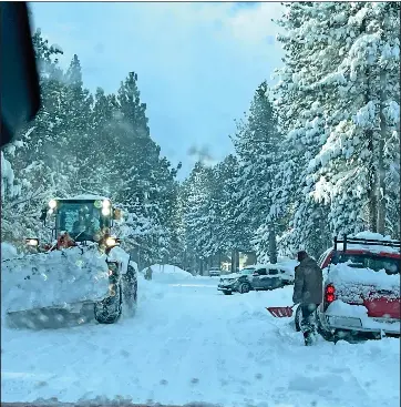  ?? Photos by Wendilyn Grasseschi ?? Mammoth and Mono County have seen snow measured in feet from recent storms, which means residents are digging out from under the white stuff. While this might make the morning commute a little more challengin­g, winter recreation opportunit­ies abound.