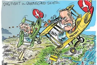  ?? Photo: Harry Bruce ?? CARTOON: The Daily Mercury ran this cartoon of a plane labelled Mackay shooting down a plane labelled Toowoomba on its front page yesterday.