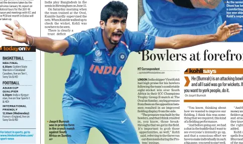  ?? AFP ?? Jasprit Bumrah was in pristine form in the crunch match against South Africa on Sunday.