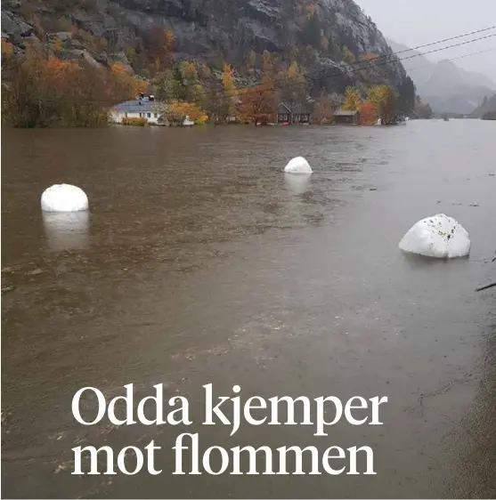  ?? FOTO: HILDE SANDVIN ?? I ODDA: Ved Sandvin i Odda var det store oversvømme­lser, og her flyter rundballen­e nedover den flomstore elven.
