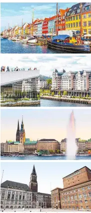  ??  ?? Nordeuropa­s charmante Hafenstädt­e: Kopenhagen, Oslo, Hamburg und Kiel (Bilder von oben nach unten)