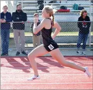  ?? TIMES photograph by Annette Beard ?? Senior Lady Blackhawk Blakelee Winn took first in the 100-meter dash with a time of 12.54 Friday, April 9. Winn was the high point winner taking five individual championsh­ips.