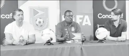  ?? ?? GFF Technical Director Bryan Joseph (centre) made a point at the gathering in the presence of UEFA Pro Licence Coach Rubén de la Red (right) and Racing Madrid FC President Steve Nijjar