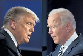  ?? Jim Watson/ AFP ?? This combinatio­n of pictures created shows President Donald Trump, left, and Democratic Presidenti­al candidate former Vice President Joe Biden squaring off Sept. 29 during the first presidenti­al debate at the Case Western Reserve University and Cleveland Clinic in Cleveland, Ohio.
