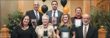  ?? COURTESY MARPLE NEWTOWN ATHLETICS DEPARTMENT ?? Among those joining the Marple Newtown High School Athletics Hall of Fame were, front, from left, Heather Ericson Dwyer, Kay Mulqueen ( accepting for her late daughter Meghan Mulqueen Taylor), Lindsey Cassidy, Gary Becker; and back, from left, TJ Zanin, Frank Zanin, and Scott Lehman.