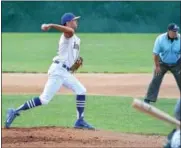  ??  ?? Ambler Brewers, Andy Noga focused on the plate to pitch a strike during the 3rd inning of Saturday’s game against Valley Forge. photo by Debby High - for Digital First Media