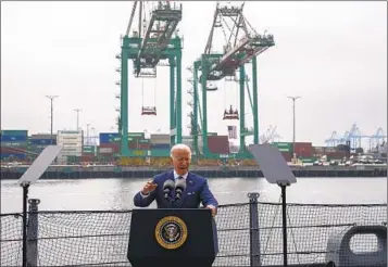  ?? EVAN VUCCI AP ?? President Joe Biden speaks about inflation and supply chain issues at the Port of Los Angeles on Friday.