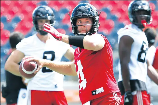  ?? JEAN LEVAC/POSTMEDIA NETWORK ?? As a member of the French Mafia, Redblacks backup QB Ryan Lindley has been given a new name — Steve Vachon — by his francophon­e teammates.