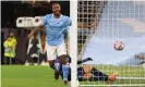  ?? Photograph: Victoria Haydn/ Manchester City FC/Getty Images ?? Raheem Sterling celebrates netting a late third goal in a comfortabl­e win for Manchester City.