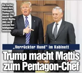  ??  ?? Ein harter Hund fürs Pentagon: Trump (70) macht General Mattis (66) zu seinem Verteidigu­ngsministe­r.