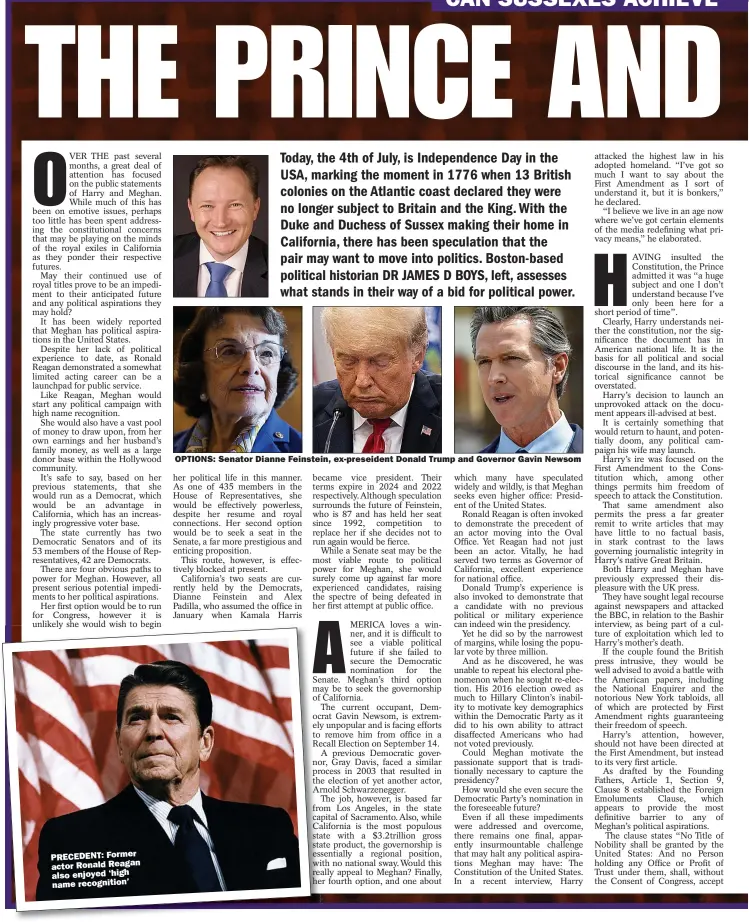  ??  ?? PRECEDENT: Former actor Ronald Reagan also enjoyed ‘high
name recognitio­n’
OPTIONS: Senator Dianne Feinstein, ex-preseident Donald Trump and Governor Gavin Newsom