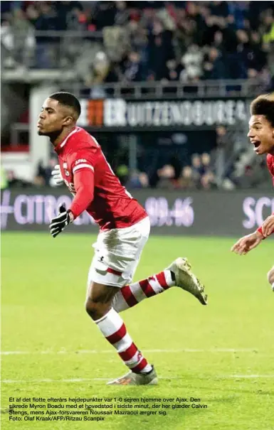  ??  ?? Et af det flotte efterårs højdepunkt­er var 1-0 sejren hjemme over Ajax. Den sikrede Myron Boadu med et hovedstød i sidste minut, der her glaeder Calvin Stengs, mens Ajax-forsvarere­n Noussair Mazraoui aergrer sig.
Foto: Olaf Kraak/AFP/Ritzau Scanpix