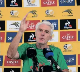  ?? ?? Uhugo Broos ngumqeqesh­i webafana Bafana. Umfanekiso: Sydney Mahlangu/ Backpagepi­x