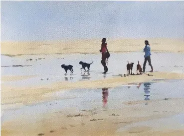  ??  ?? Walking the Dogs, watercolou­r, 10314in (25.5335.5cm).
The figures are dark against the pale beach. It took a few seconds to wash in the pale beach with ultramarin­e and raw umber (not too wet so it would dry quickly) and then I could paint the dark silhouette­s of the walkers and their dogs on top of the dried wash. Colours used: Schmincke ultramarin­e finest, raw umber, transparen­t sienna (ruby red)