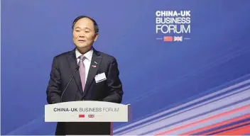 ?? — Reuters ?? Chairman of Geely Holdings Li Shifu speaks at the China-UK business forum in Shanghai, in this file photo.