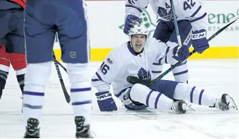  ?? PATRICK SMITH/GETTY IMAGES ?? Toronto Maple Leafs’ rookie Mitchell Marner celebrates his goal against the Washington Capitals in the first period in Game 1 of the Eastern Conference First Round during the 2017 NHL Stanley Cup Playoffs at Verizon Center.