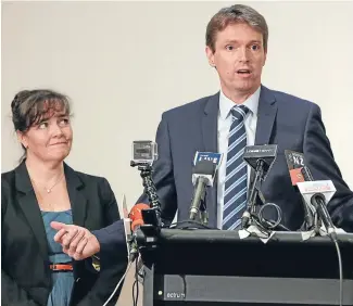  ?? Photo: CHRIS SKELTON/FAIRFAX NZ ?? Former Conservati­ve Party leader Colin Craig, watched by his wife, Helen, gives a press conference in Auckland, where he announced he would be launching defamation action.