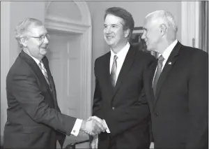  ?? SUSAN WALSH / ASSOCIATED PRESS ?? Senate Majority Leader Mitch Mcconnell, left, shakes hands with Vice President Mike Pence, right, in front of Supreme Court nominee Brett Kavanaugh during the Supreme Court nominee’s July 10 visit to Capitol Hill in Washington.