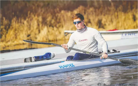  ?? MATTHEW ABBOTT/FACEBOOK ?? Nepean's Gabe Ferron-Bouius, 18, turned his attention to kayaking just one year ago but already has hopes of qualifying for the Paralympic­s this summer.