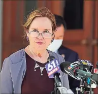  ?? Christine Stuart / CT News Junkie ?? Secretary of the State Denise Merrill at a news conference at the state Capitol Thursday.