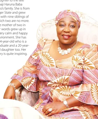  ?? Interview by HAFSAH ABUBAKAR MATAZU ?? Hajiya Amina Kolo is daughter to the late Alhaji Haruna Baba Kolo’s family. She is from Niger State and grew up with nine siblings of which two are no more. The mother of two in her words grew up in a very calm and happy environmen­t. She has a...