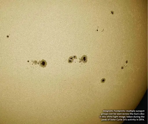  ??  ?? Magnetic footprints: multiple sunspot groups can be seen across the Sun’s disc in this white light image, taken during the peak of Solar Cycle 24’s activity in 2014,