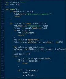  ??  ?? Figure 4: This is the Go source code of timeskey.go, which illustrate­s how you can use the go/scanner and go/token Go packages to count the number of times a Go keyword appears in your source code files.