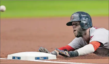  ?? CHRIS O'MEARA/AP PHOTO ?? Dustin Pedroia of the Boston Red Sox slides into third base ahead of the throw to Evan Longoria of the Tampa Bay Rays during the first inning of Tuesday’s game in St. Petersburg, Fla. Pedroia tagged up from second base on a fly ball by David Ortiz in...