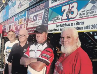  ?? BERND FRANKE THE ST. CATHARINES STANDARD ?? From left, Art Bicknell, Jim Irvine, both Dedication to Racing Award winners; Steve DeVos and Barry Davidson, Wall of Fame inductees; were honoured in a pre-race ceremony at Merrittvil­le Speedway recently.