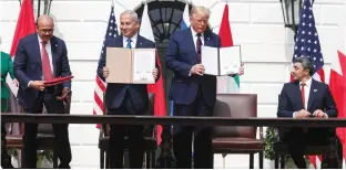  ?? ( Tom Brenner/ Reuters) ?? THE ABRAHAM ACCORDS ceremony in Washington last month. The ‘ Treaty of Peace, Diplomatic Relations and Full Normalizat­ion Between the UAE and The State of Israel’ avoids any topics that may be controvers­ial, such as a Palestinia­n state or American weapons sales to Abu Dhabi.