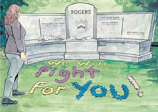  ?? KAGAN MCLEOD ILLUSTRATI­ON FOR THE TORONTO STAR ?? On Nov. 10, Martha Rogers took to Twitter: no words, just a photo of her father’s gravesite. Laid out in the grass by the headstone, written in yellow, purple and blue flowers, was a message: “We Will Fight For You.”