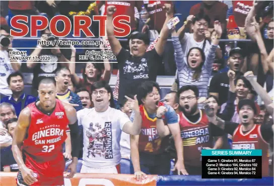  ?? (Rio Deluvio) ?? FANS rejoice after Ginebra import Justin Brownlee completed a play on the way to the Kings’ massive 94-72 win over the Meralco Bolts on Wednesday at the Smart Araneta Coliseum. The win gave Ginebra a 3-1 lead in their best-of-7 title series.