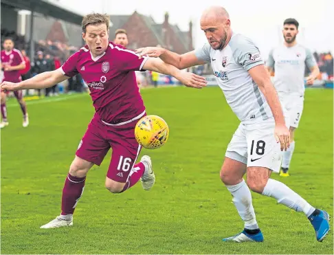  ?? ?? WHEN DERBIES WERE COMMON: Arbroath’s Steven Doris, left, in a tussle with Montrose’s Iain Campbell in 2019.