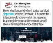  ??  ?? FURIOUS: Prof Heneghan’s reaction on Twitter to Facebook’s warning