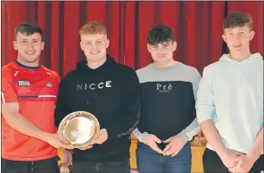  ?? (Pic: John Ahern) ?? Kilworth Araglin Og U17 players, Sean Moriarty, Sean Murphy and Eoghan Leddy, who received their medals from Niall O’Leary at a function held in St. Martin’s National School last Saturday evening.
