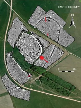  ??  ?? Left: Geophysics at East Chisenbury shows a ditch around the mound to the north-east, with 2016–17 excavation trenches in red; some other features are associated with modern army use