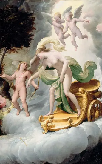  ??  ?? Sensualità Bertoja, Venere condotta da Amore presso il corpo di Adone, seconda metà del XVI secolo, olio su tela, Parigi, Musée du Louvre